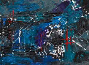 Vibrant abstract artwork featuring bold blue hues and expressive brush strokes.