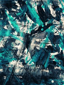 Vibrant abstract expressionist artwork in blue and black, conveying dynamic movement and modern style.