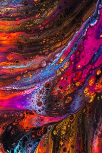 A vibrant and dynamic abstract painting featuring a blend of vivid colors and fluid patterns.